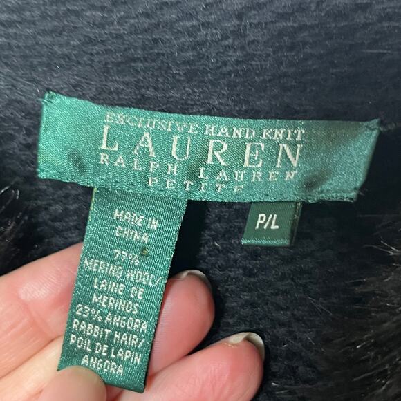 Lauren Ralph Lauren Sweater Black Purple Wool Angora Full Zip Hooded Fur Trim PL - Picture 6 of 7